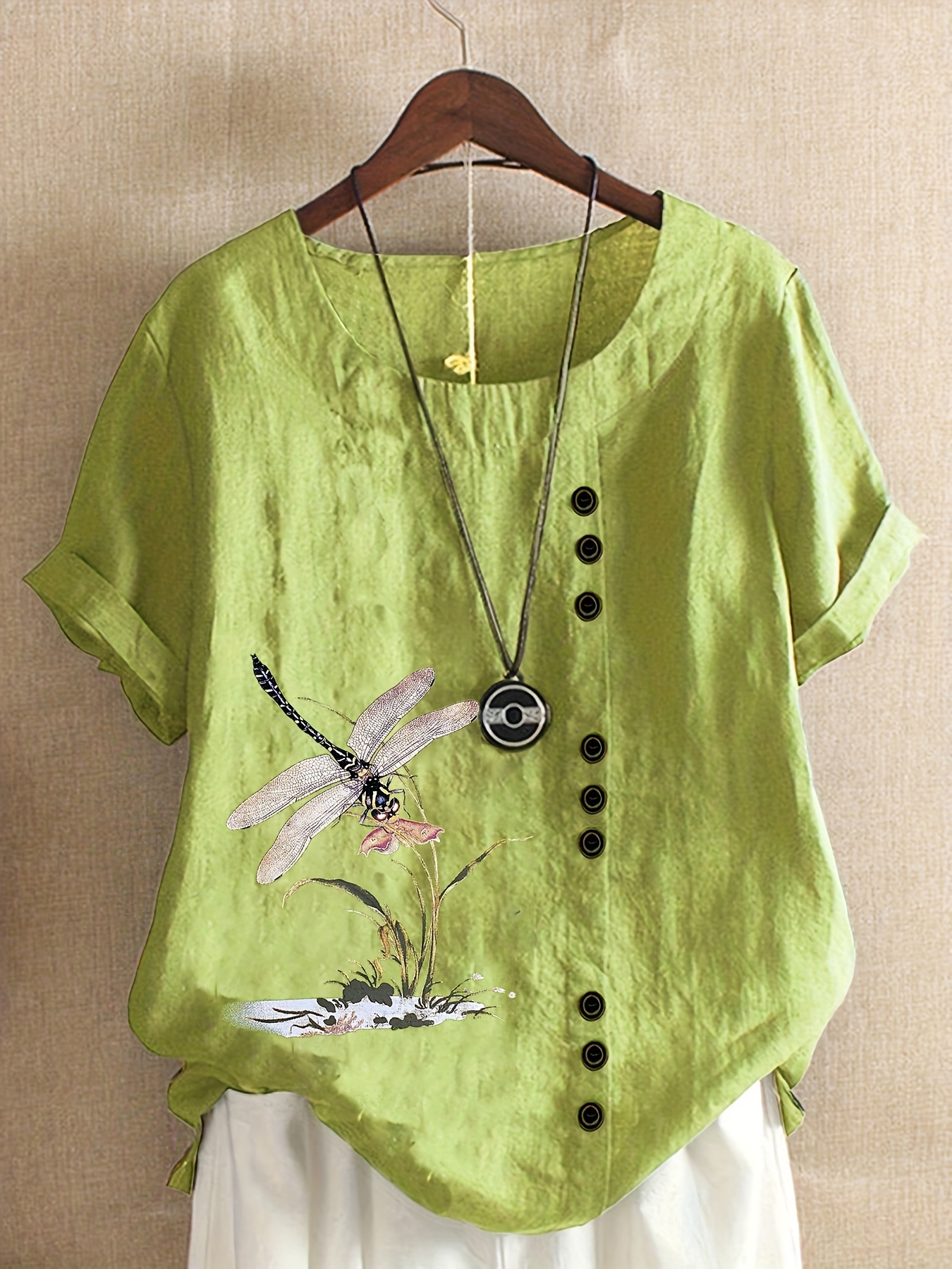 plus size dragonfly print cotton blouse elegant button front short sleeve blouse for spring summer womens plus size clothing greenish yellow 0