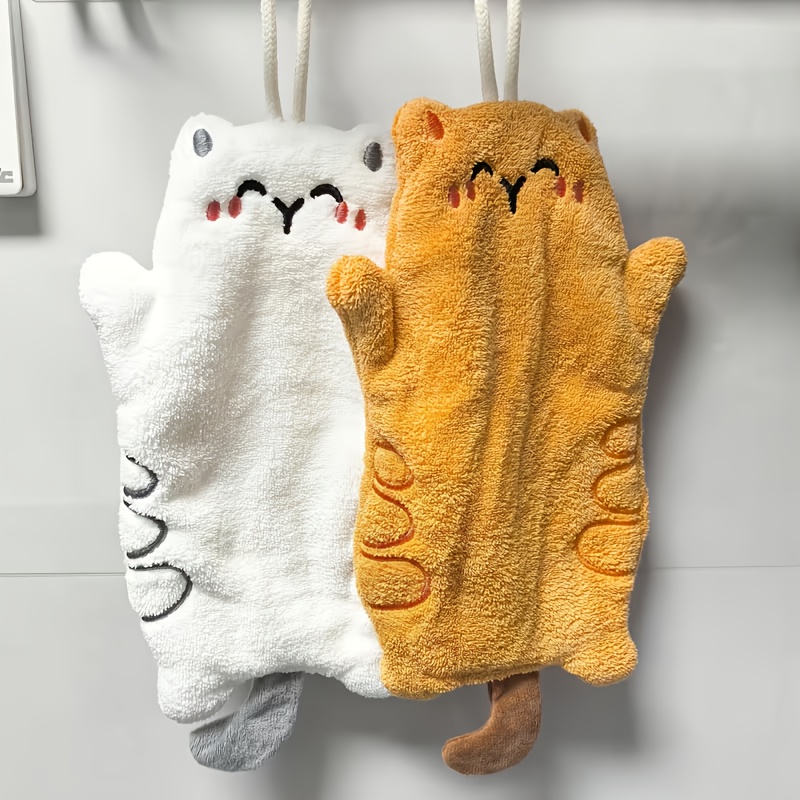 2pcs Coral Fleece Towels, Featuring Orange And White Cat Designs, Convenient For Hanging Use, Absorbent, , And Quick-drying. Perfect For Kitchen And Bathroom Hand Towels