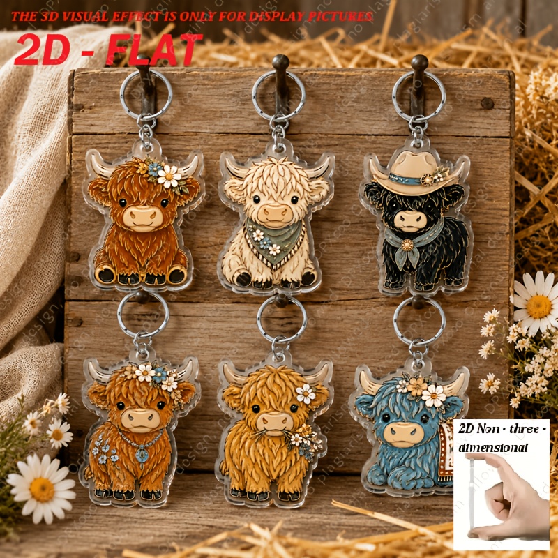 TEMU 2d Flat, 2d Flat 6pcs Western Pastoral Highland Cow Acrylic Keychain Set, 2d Flat Country Style, Hat Bandana Plush Calf Keyring, Farm Animal Bag