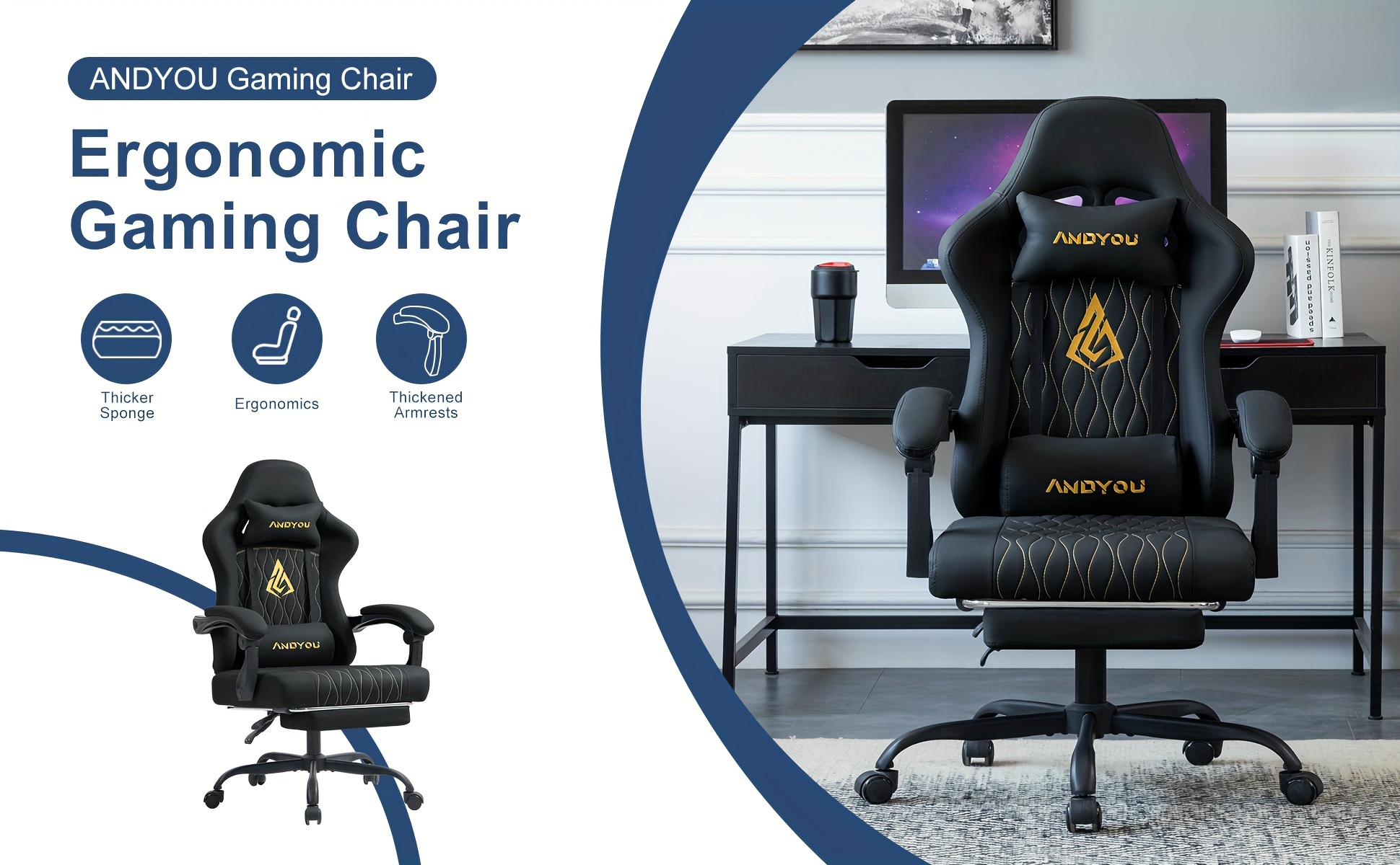 Andyou Gamingstoel met Voetenbankje, Ergonomisch Ontworpen, Gemaakt van Duurzaam PU Leer