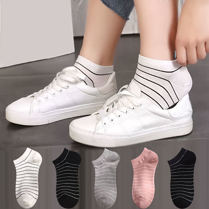 

5 Pairs Simple Striped Ankle Socks, Comfy & Breathable Short Socks, Women's Stockings & Hosiery