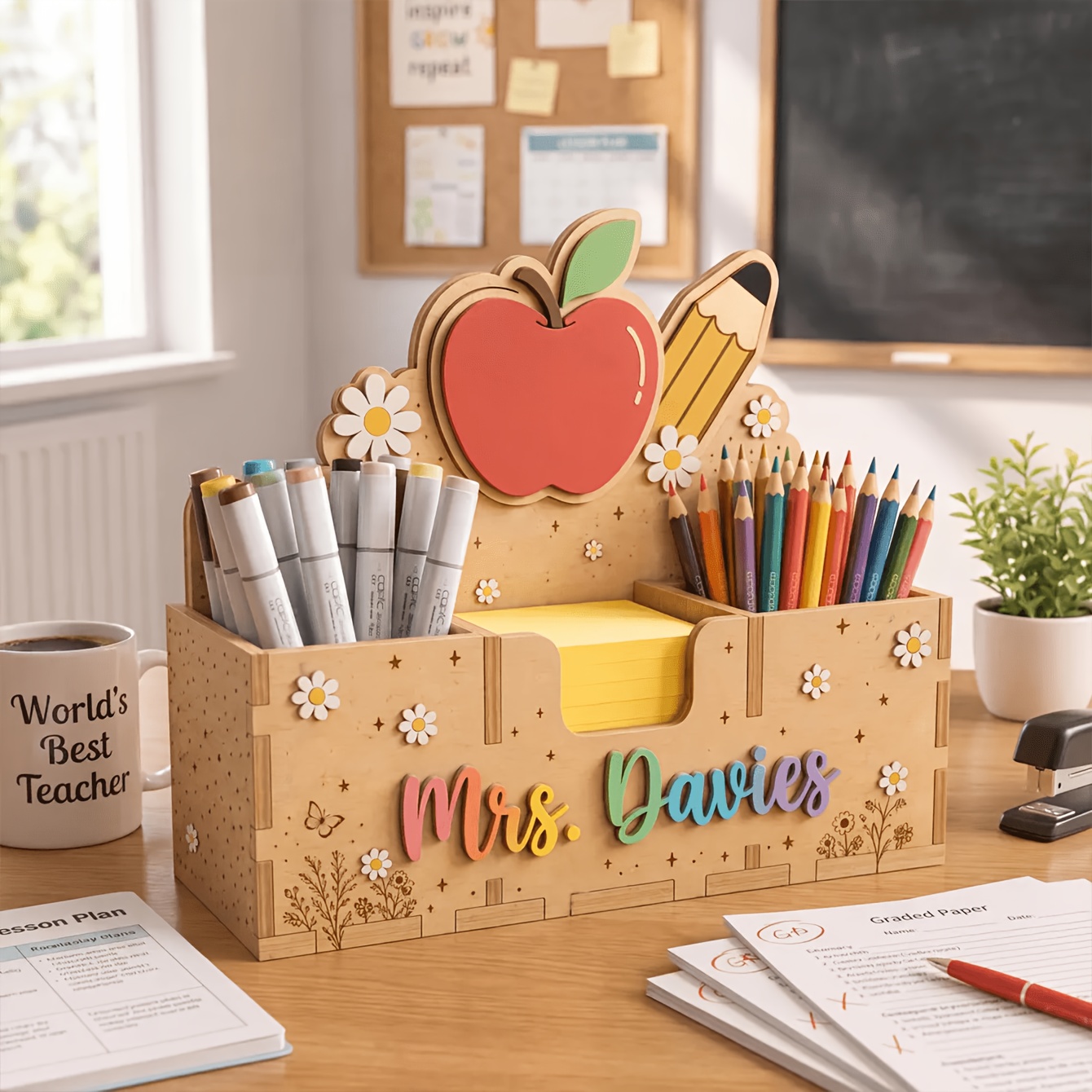 Top pick1pc Personalized Name-registered Teacher Desk Organizer, Pen Holder and Note Holder. There Is Also a Classroom Decoration Pen Holder with Rainbow Apple Pattern. Classroom Desk Storage and Decoration Items. A Gift for Teachers on Teacher's Day.Open in new tab.
