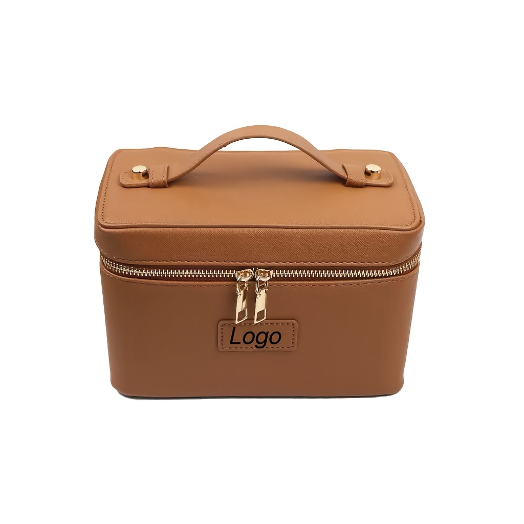 TEMU Personalized Pu Makeup Bag Detachable Double Zipper Hand Carry Capacity Multifunctional Storage Bag Brown/black Portable Travel Makeup Bag