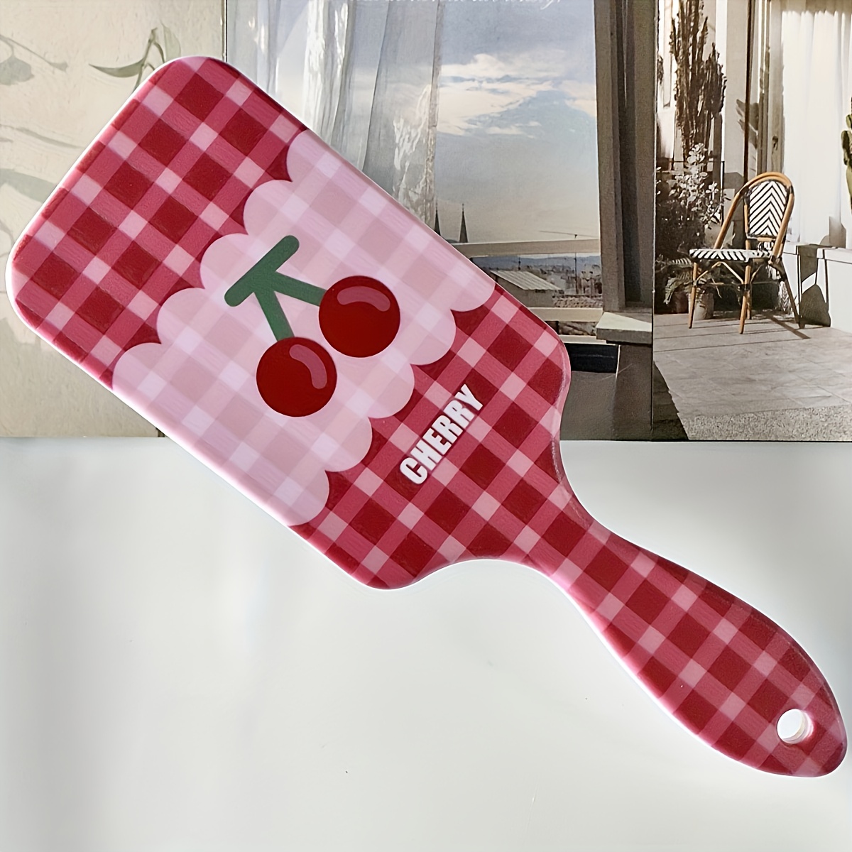TEMU 1pc Cherry Checkered Pattern Air Cushion Comb, Scalp Massage Cute Comb, Anti-static, Comfortable Grip Hairbrush, Durable Abs Handle Comb, Nylon