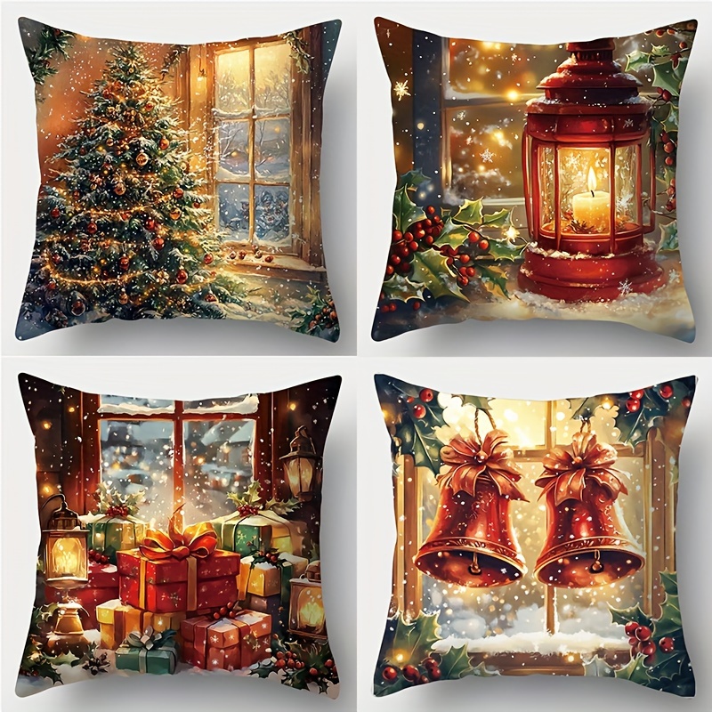 

Set Of 4 Christmas 17x17 , Printed Pillowcases , Polyester, Decor For Sofa And - , , ,