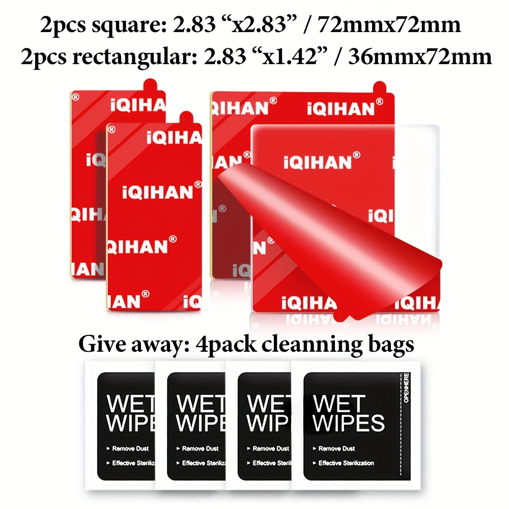E-shop 4er-Pack IQIHAN Hitzebeständige Klebepads für Dashcam-Halterung – Starkes Doppelseitiges Klebeband mit 2 Quadraten (2,83"x2,83") & 2 Rechtecken