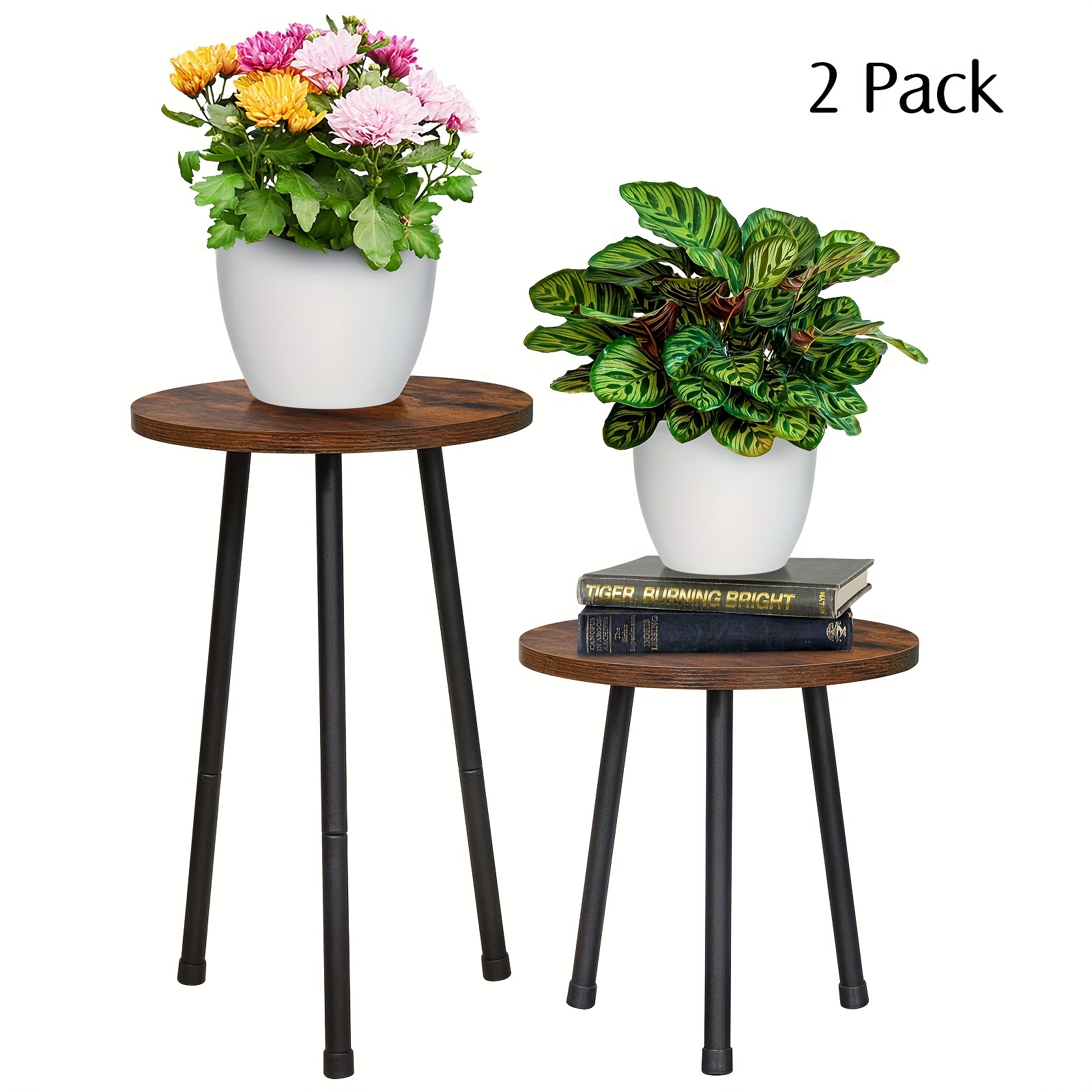 

2 Pack Indoor Plant Stand, Mid-century Plant Holder, Indoor Outdoor Flower Stand, Small Round Table, 2 Different Sizes