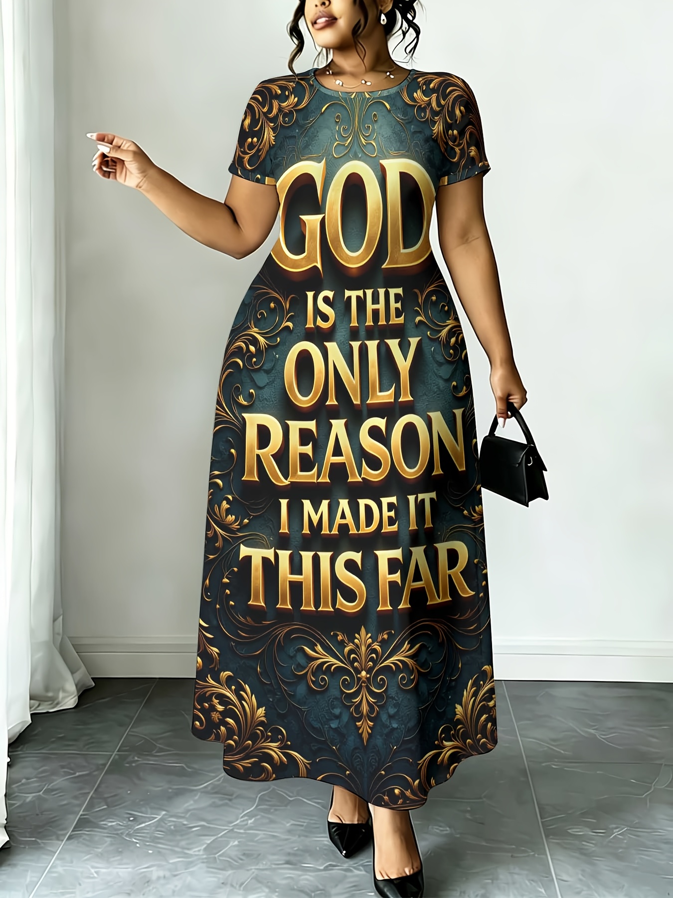 god is the     i   this far print pattern and text round neck t shirt dress dark blue with     suitable for leisure and sports activities