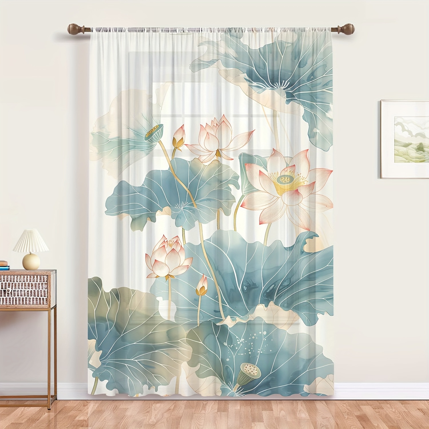 

Traditional Style Lotus And Lily Pad Printed Semi-sheer Rod Pocket Curtain Panel, Machine Washable Polyester Decorative Diamond Yarn Window Drapery For Living Room, Bedroom, All-season Pastoral Theme