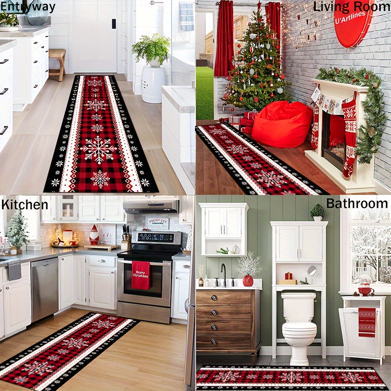 1pc festive christmas snowflake runner rug non slip polyester tapestry machine washable rectangular holiday decor for entryway living room bedroom outdoor patio garden black and red grid design details 6