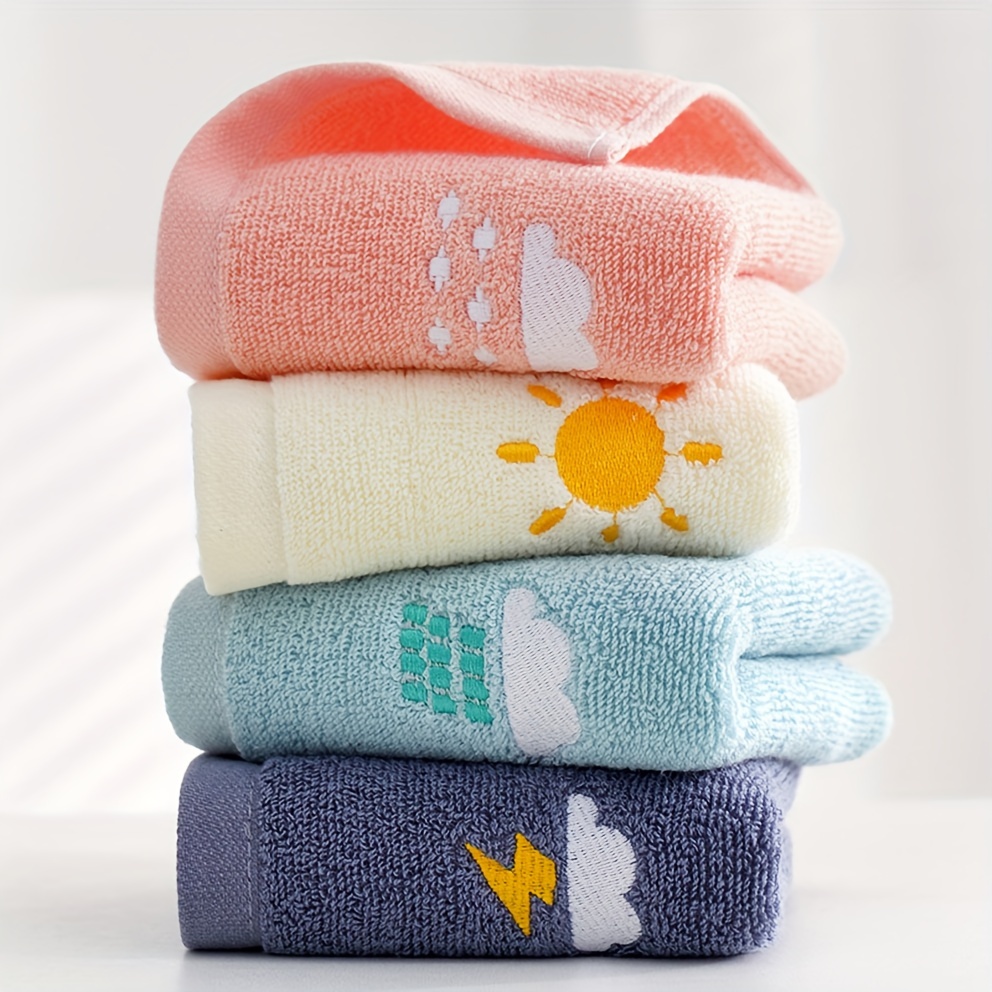 4pcs Weather Pattern Soft Cotton Embroidered Fingertip Towels Suitable For Daily Bathing Use
