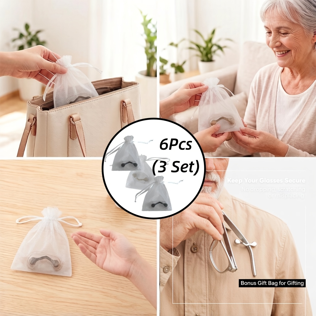 Image of Gift For Her/him 6pcs (3 Set) Magnetic Eyeglass Holder With Organza Bag | Anti-slip Nose Pads Support, Practical Gadget & Unique Small Gift | For Eyewear Users, , Party Favors, Halloween, Christmas