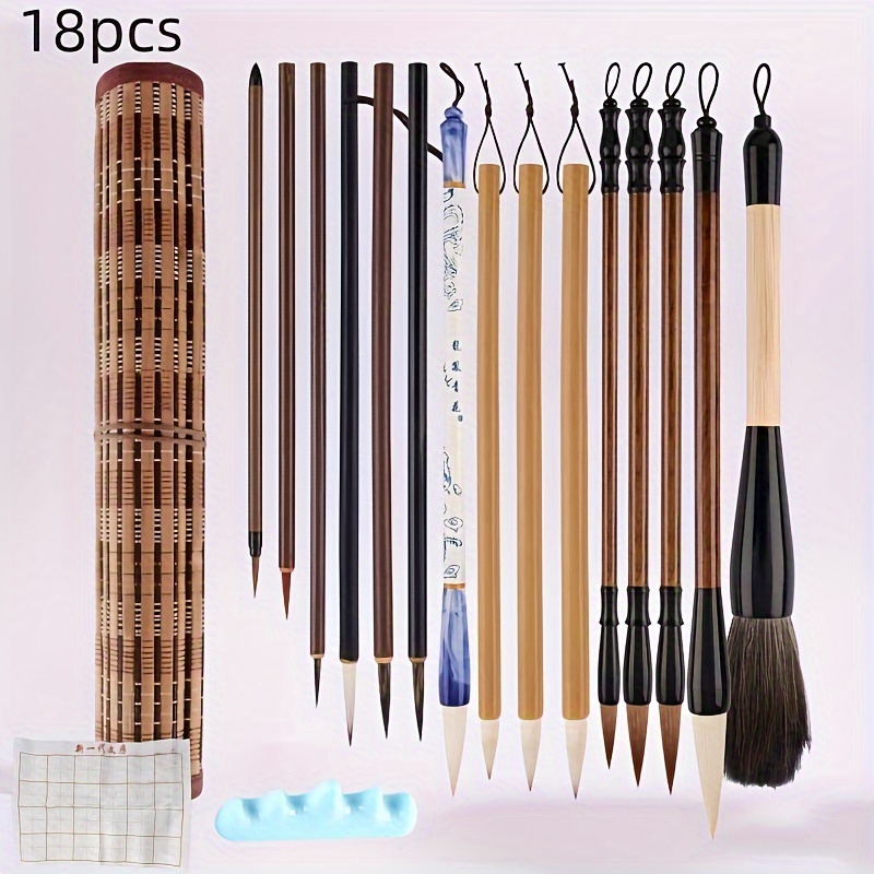 

artisan Crafted" 18-piece Chinese Calligraphy & Painting Brush Set With Bamboo Pouch - Premium Watercolor And Traditional Script Pens For Artists