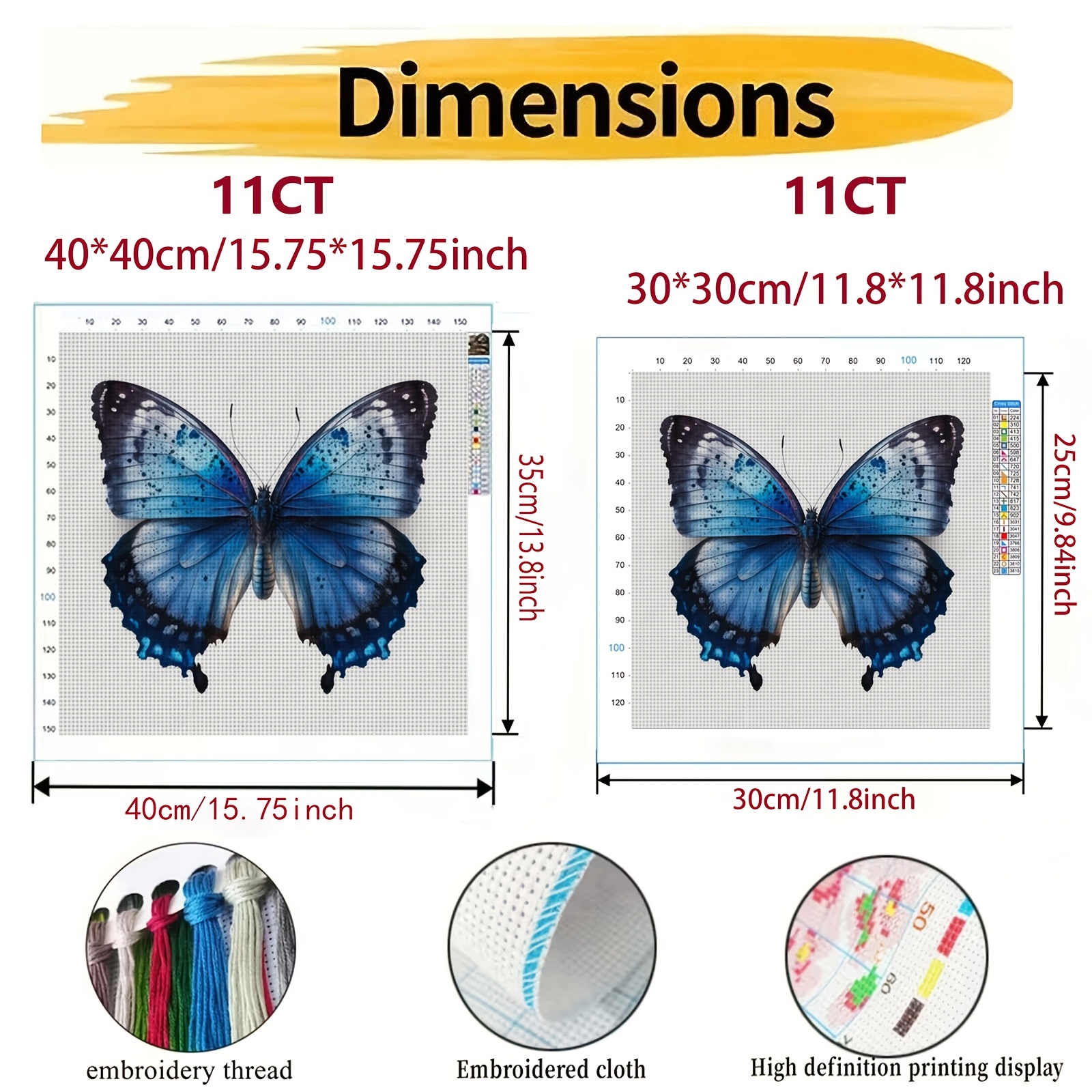 Cross Stitch Kit, Blue Butterfly Pattern, Frameless