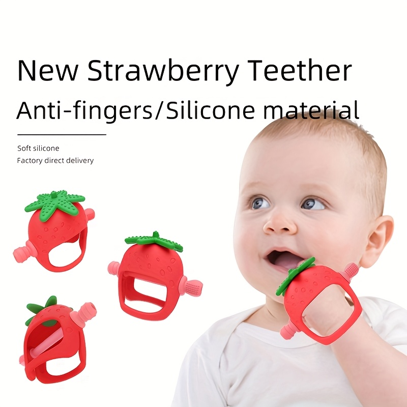 

Quality Food Grade Wrist Hand Silicone Baby Teether Teething Toys Strawberry Shape Hand Protector Glove For Babies