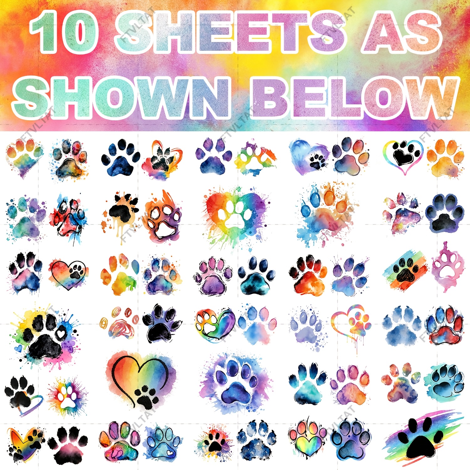 Image of 10 Sheets 56 Patterns Vibrant Watercolor Paw Temporary Tattoos - Colorful Stickers, Cute Puppy-themed Skin Decor For Adults, Ideal Party Favors & Daily Accessories