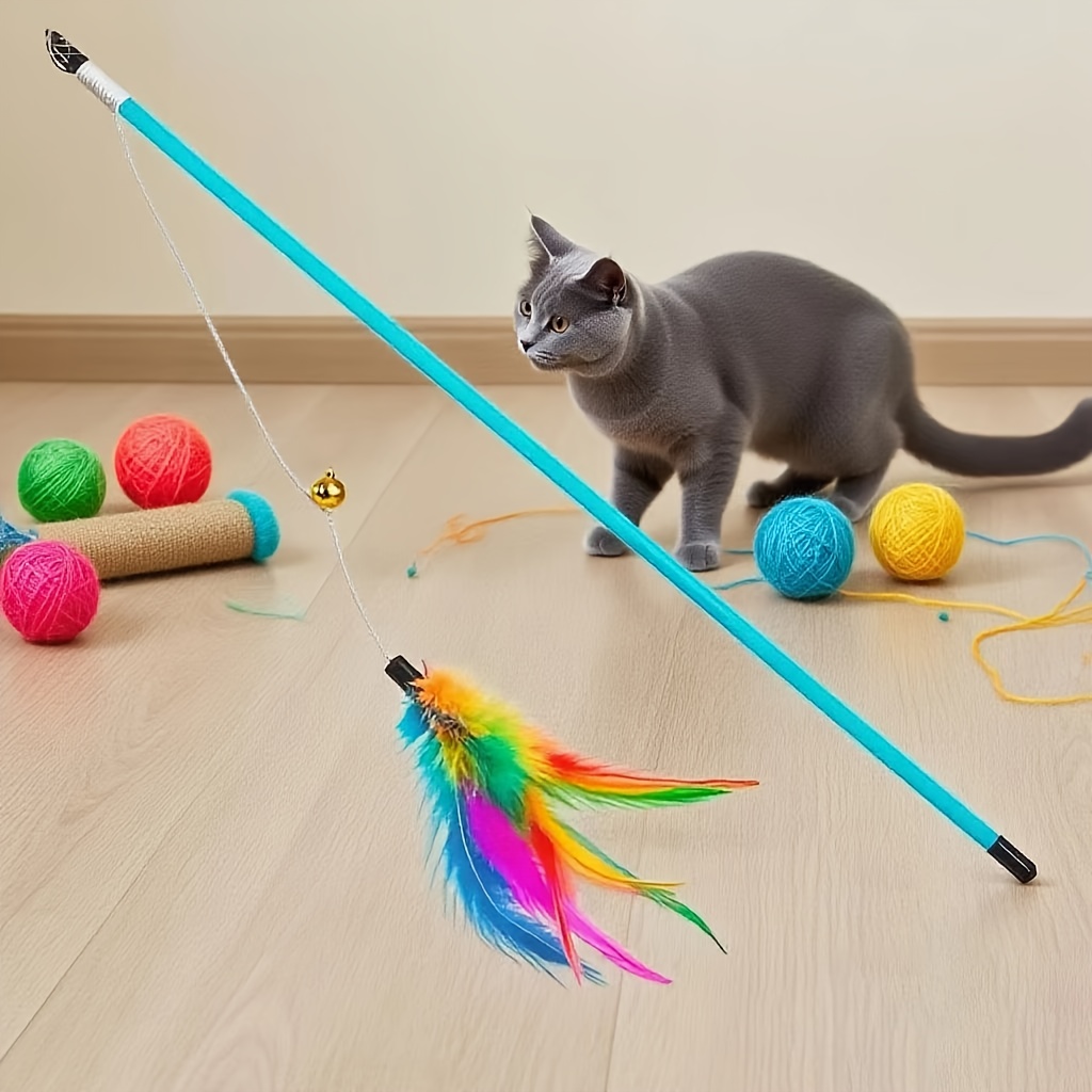 1pc Cat Teaser Wand with Bell. Simulated Artificial Fiber Feathers. Cat Toy... Cat Interactive Play, Fun Cat Accessory, Lightweight Design, Pet-Safe Material, Soft Feathers, Feather Teaser, for Cat Owners, Pet Lovers