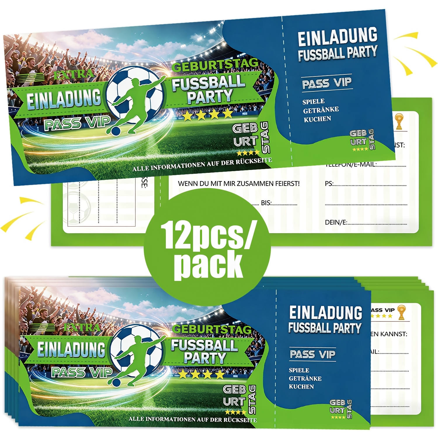 Image of 12pcs/pack Football German Invitation Cards, Double Sided Soccer Ticket Style Birthday Party Invites, Kids Football Themed Invitations For Boys Birthday Party