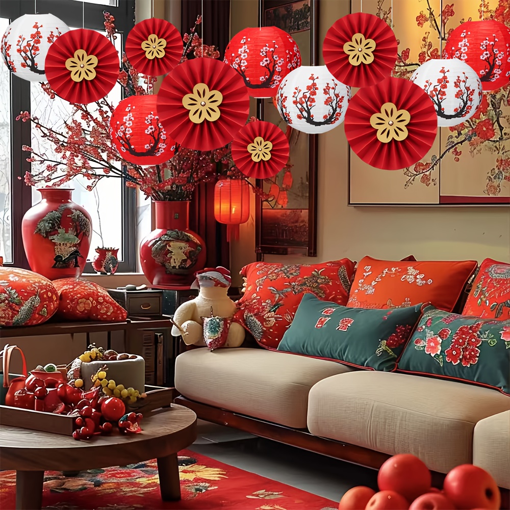 

12pcs Of Chinese New Year Lantern Decorations, Chinese Paper Lanterns, Red And White Plum Lanterns, Cherry Paper Lanterns.