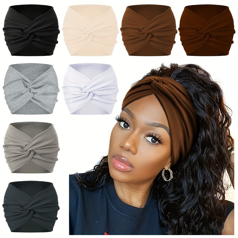 

8pcs/pack Women's Wide Headbands, Solid Color Knotted Turban Head Wraps, Bohemian Style Hair Accessory, Multi-function Stylish Hairbands For Yoga, Running And Sports