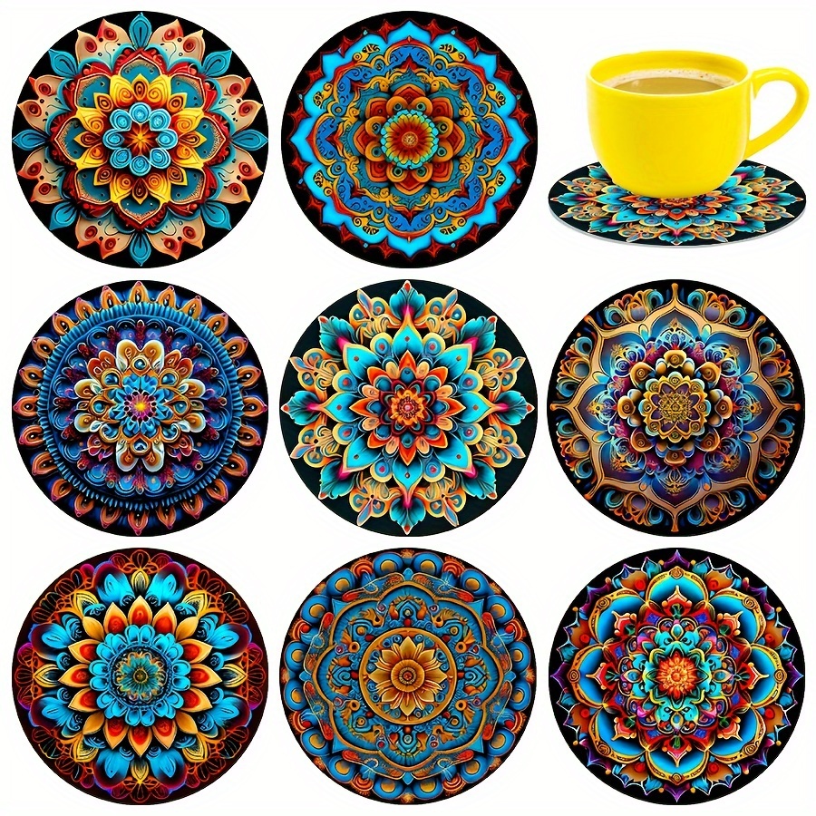 

8pcs, Spray Painting Color Printing Wooden Coasters, Colorful Mandala Series Coasters, Heat Insulation Mat, Non-slip Mat, Home Kitchen Supplies, Home Decorations, Kitchen Utensils, Gift Set