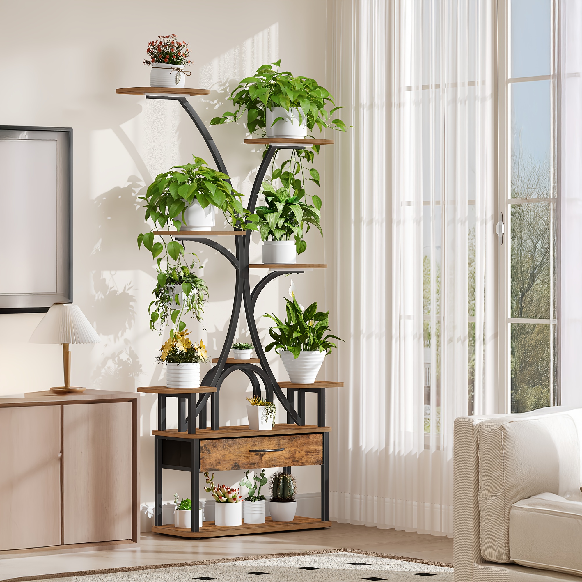 Plant Stand   Light, 9-Tier Flower Stand with 4 R-G LED Lights, Adjustable Colour And Timing, 164cm, Ideal for Living Room, Balcony, Garden,  /Black, Mounted  