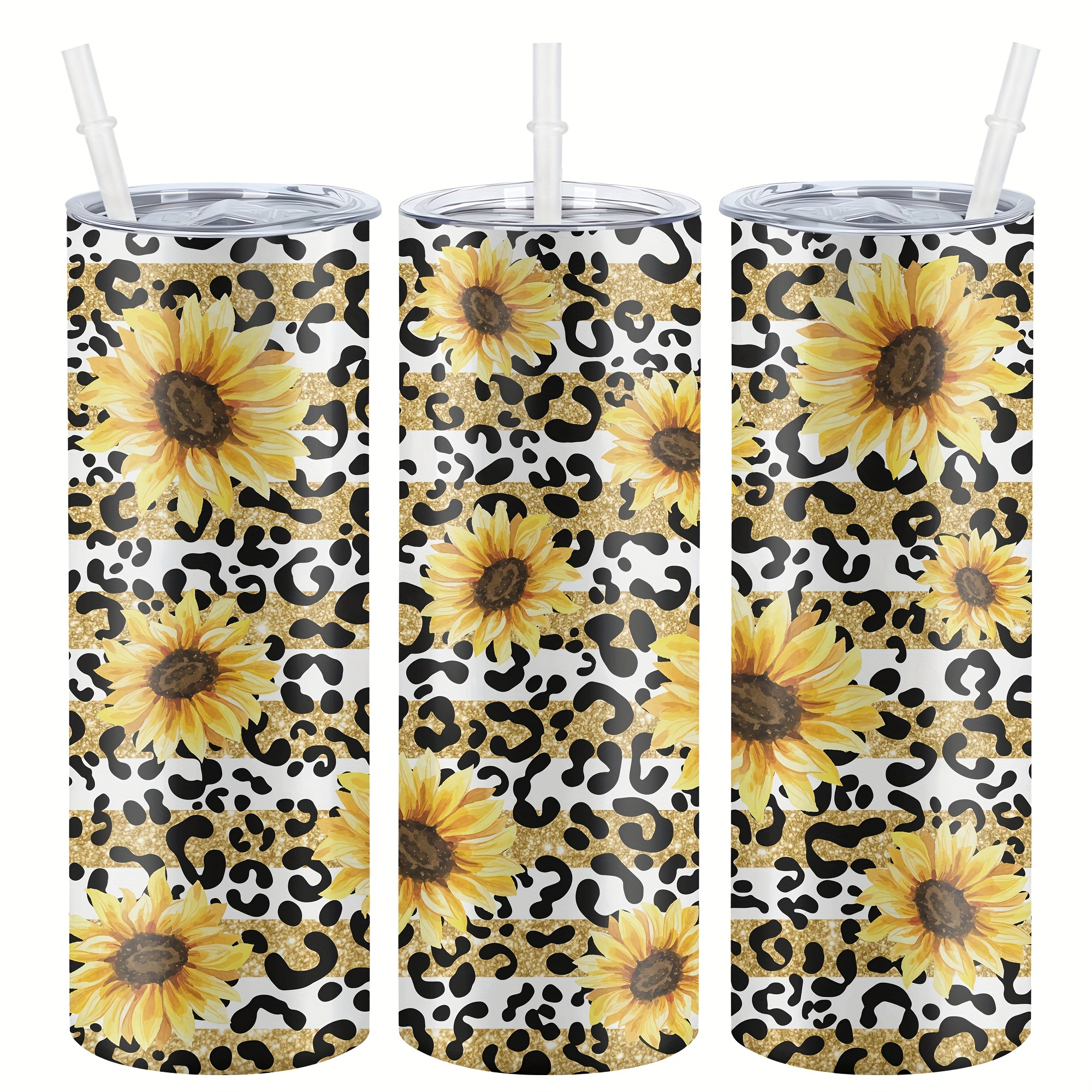 

1pc, Sunflower Print Stainless Steel Tumblers With Lids And Straws, 20 Oz Insulated Water Bottles, Glitter Leopard Pattern, Travel Drinkware For Hot And Cold Beverages, Summer Essentials