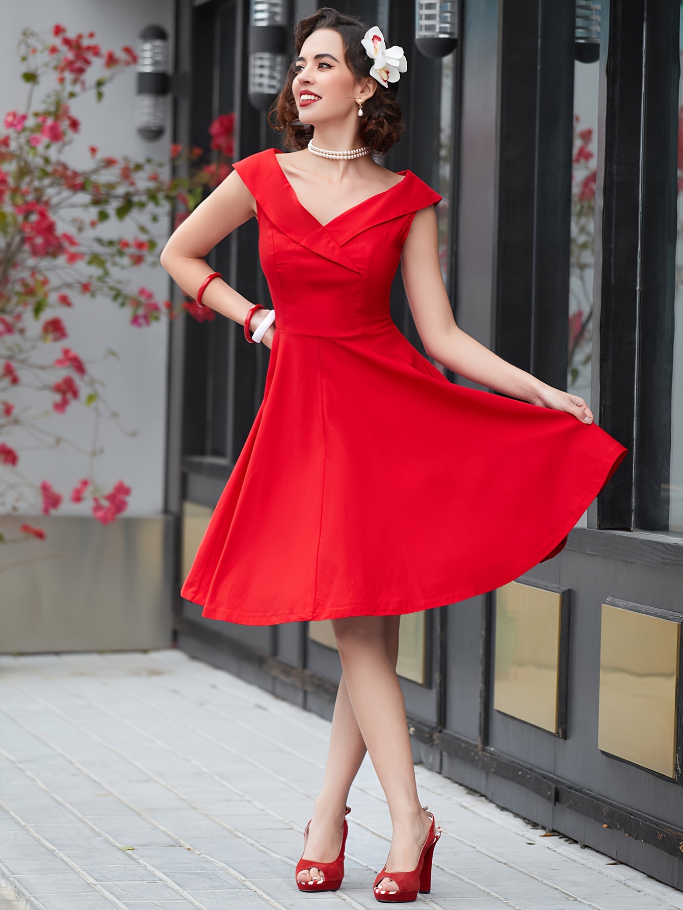 chinese dress ladies Red Rose V Neck Ruffles Long Sleeve Princess 1950S Vintage Dress – Jolly  Vintage main image 1