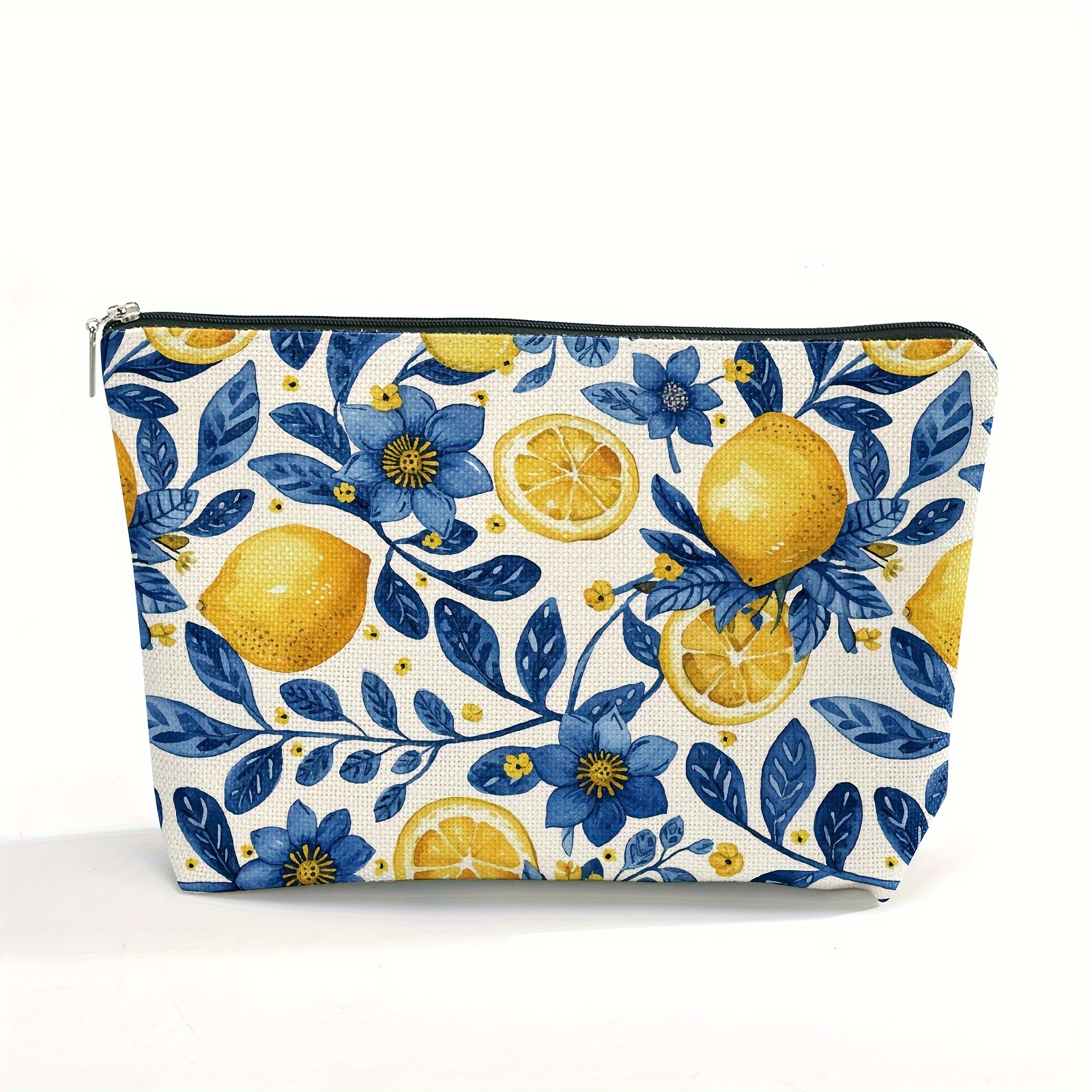 1pc Women's Polyester Cosmetic Bag, Lemon And Floral Print, Durable Toiletry Pouch With Zipper, Unscented Makeup Organizer For Travel, Small Cosmetic Bag