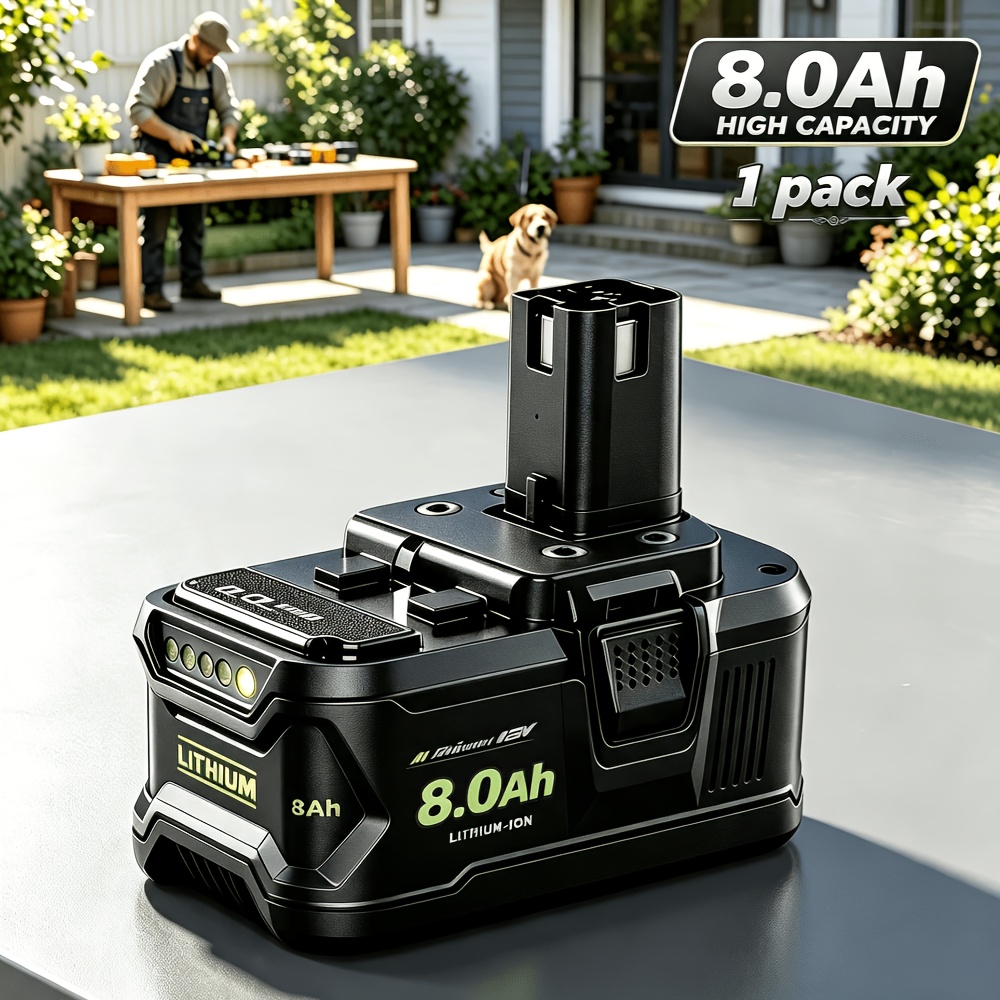 TEMU 1pc Compatible For Ryobi One+ Replacement Battery 18v Lithium-ion High-capacity 8.0ah With Led Indicator Suitable For Ryobi P104/p105/p107/p108,