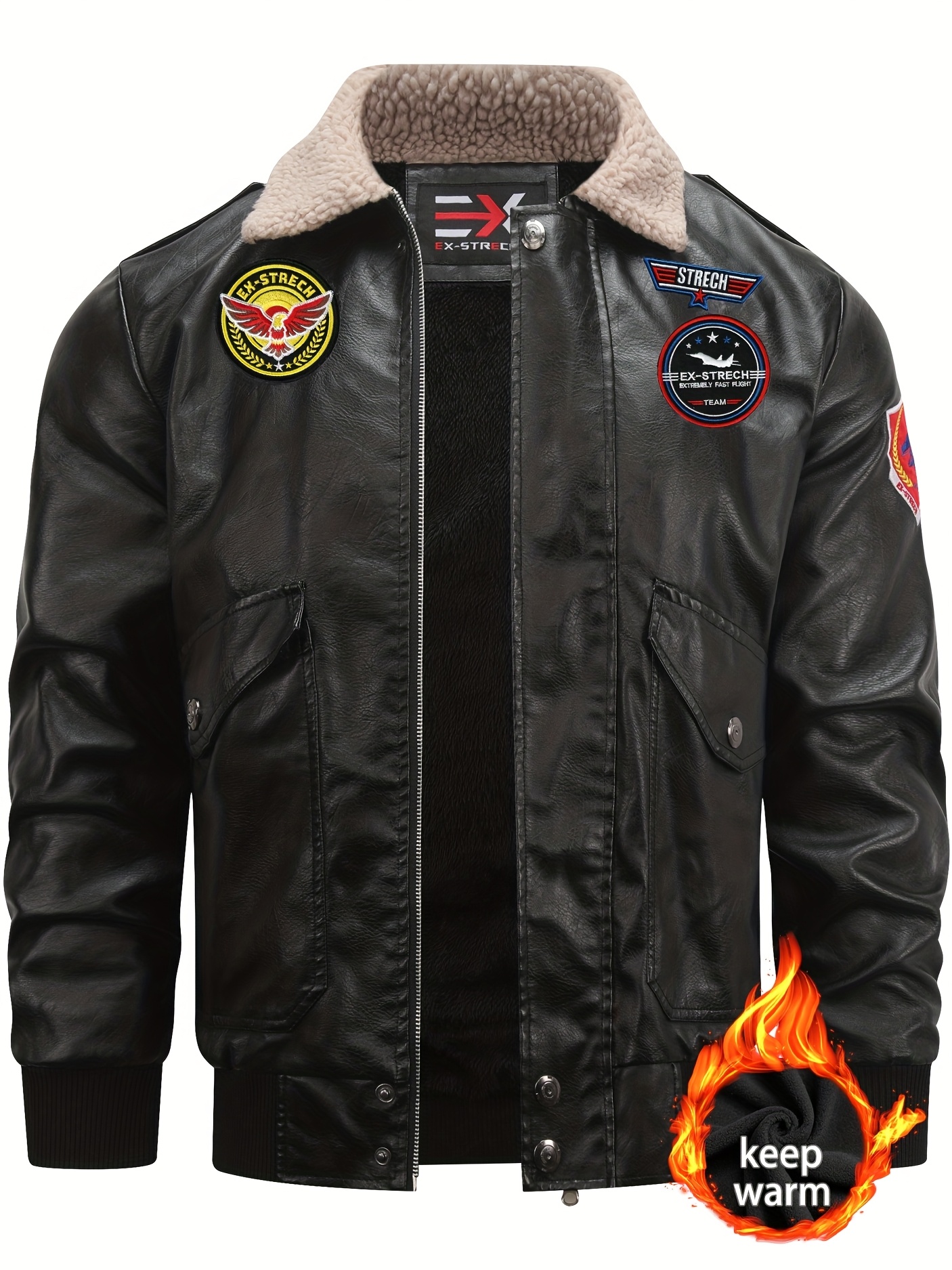 ex strech vintage winter flight jacket faux fur collar full - Temu
