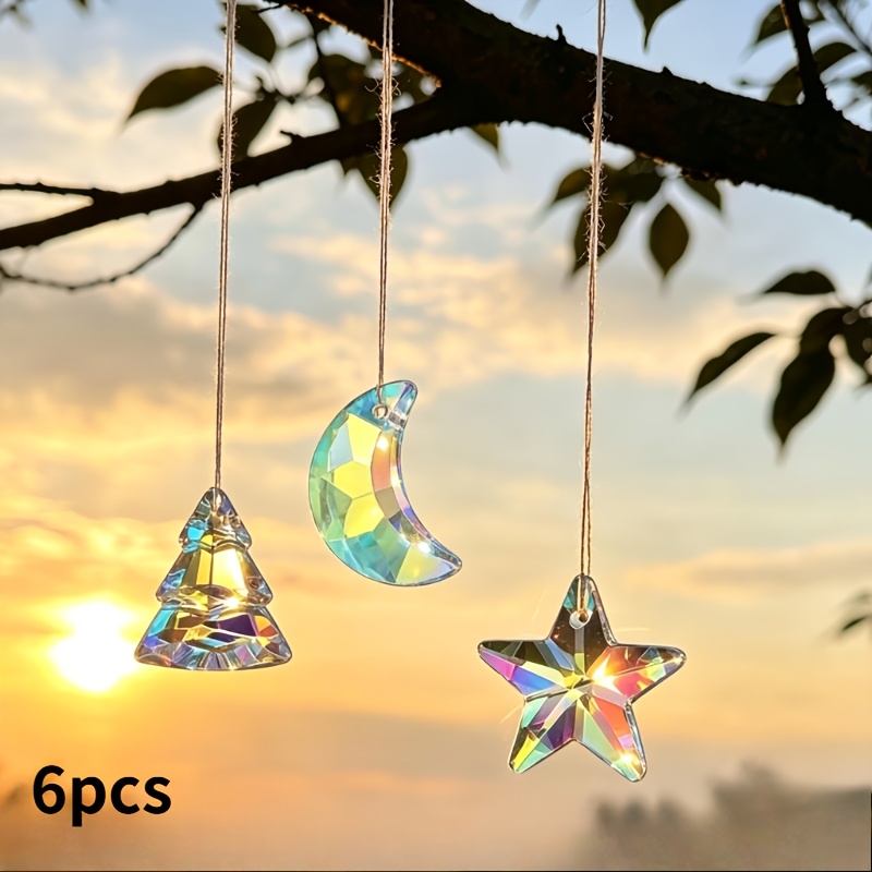 TEMU 6pcs (2 Stars+2 +2 Christmas Trees) Star Moon Christmas Tree Mixed Glass Crystal, Decorated With Colored Glass Beads, Sunny Lawn Gardening, For