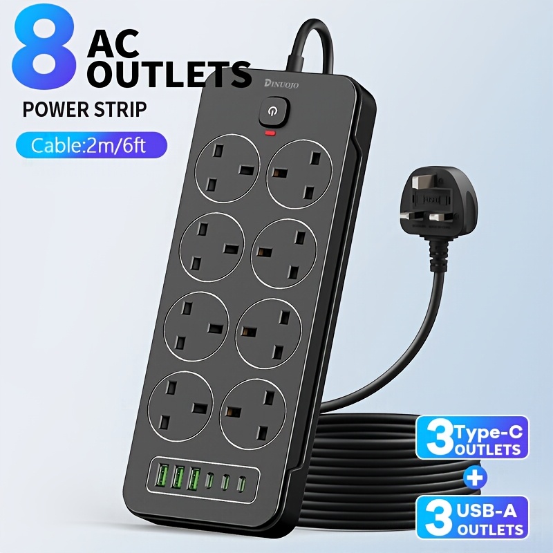TEMU 1pc 14-in-1 Power Strip/ Power Outlet/ Protector With 2m Extension Cord, Featuring 8ac Outlets And 3 Usb 3 Type-c Ports, Suitable For Home,