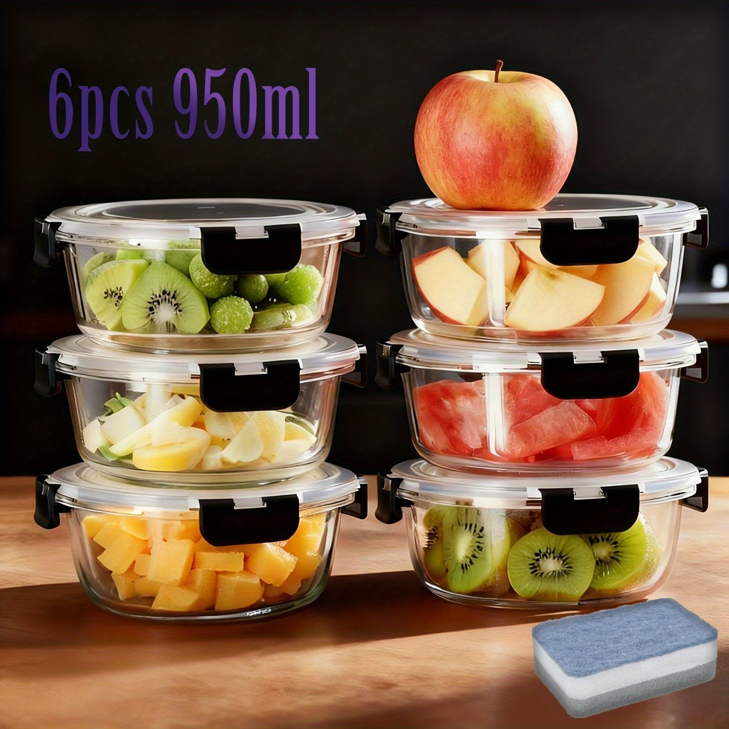 Set Of 6 Glass Containers With Lids, Glass Lunch Boxes, Round Microwave-safe Glass Dish With Lid, Glass Sealed Storage Jar With Lid, Leak-proof Food Container