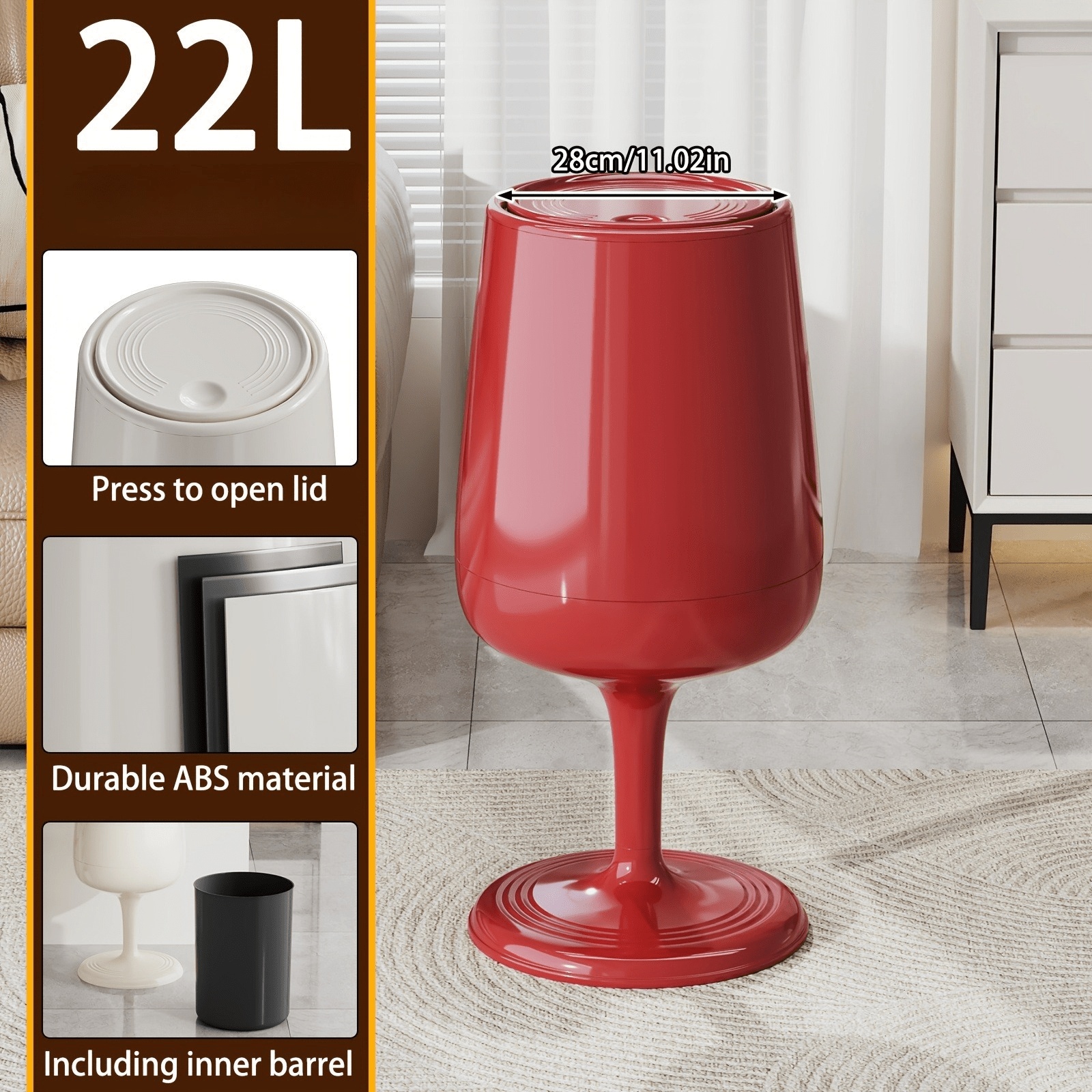 TEMU 22l Goblet-shaped Trash Can With Press-top Lid And Removable Inner Bucket, Decorative Pedestal Waste Bin For Kitchen, Bathroom, Bedroom And