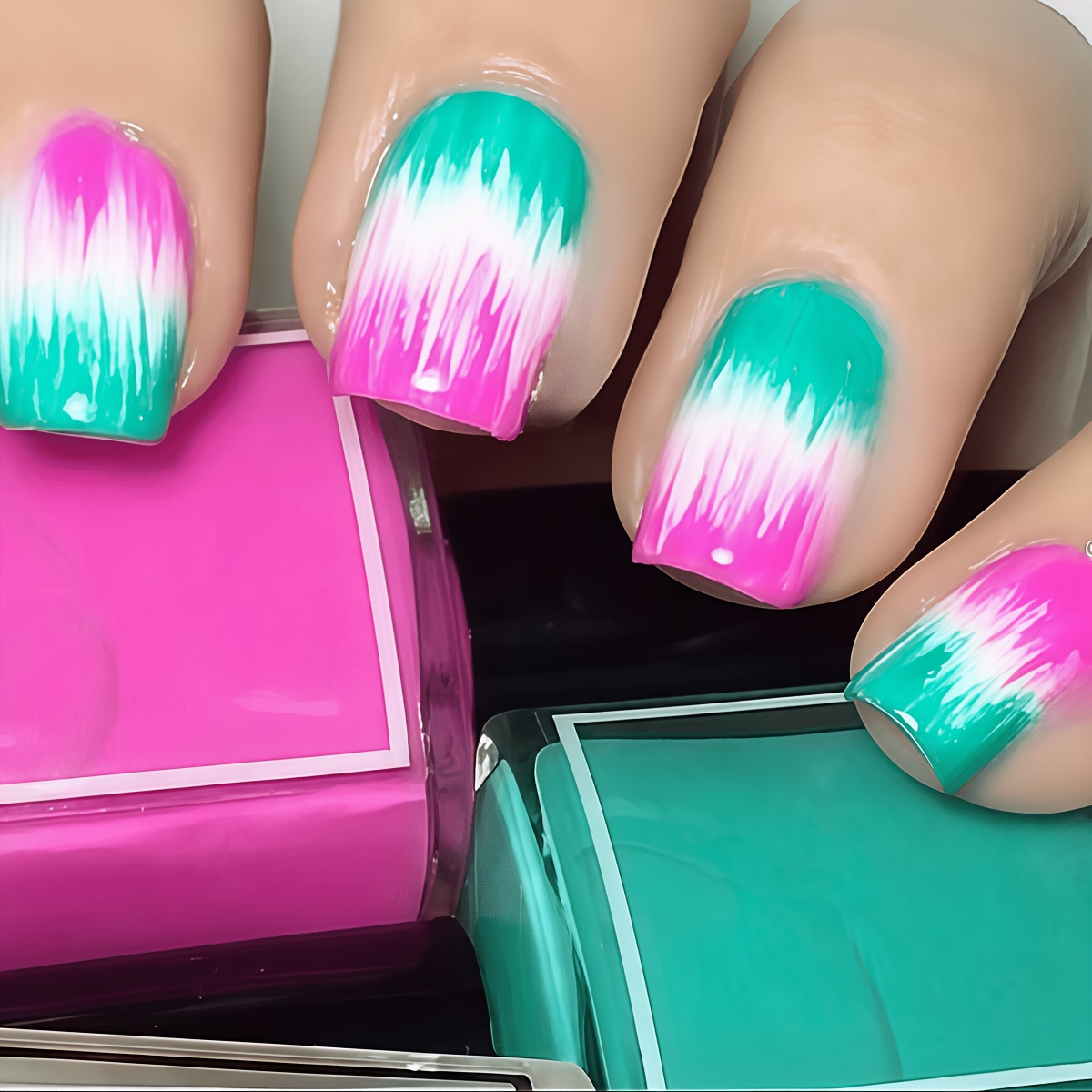 TEMU 24pcs Convenient Nail Art Pink Green Contrast Vertical Brush Gradient Contrast Creative Short Square Girly Summer Niche Wearable Nails Glossy