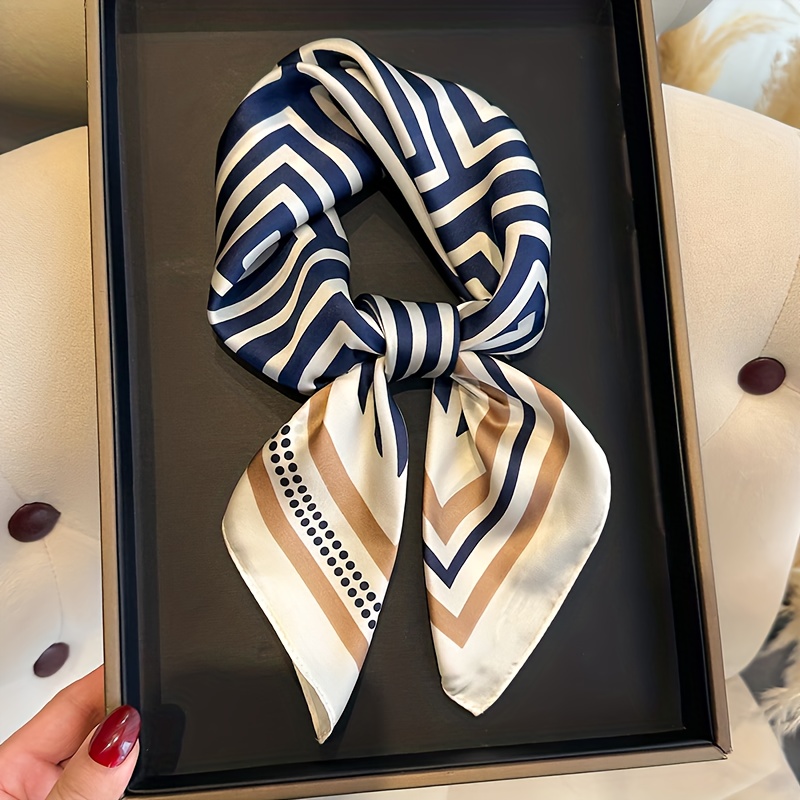 TEMU Elegant Striped Pattern Square Scarf Measuring 70cm, Versatile For Use As A Headscarf, Shawl, Or Wrap, Made From Smooth Satin Material, In Dark