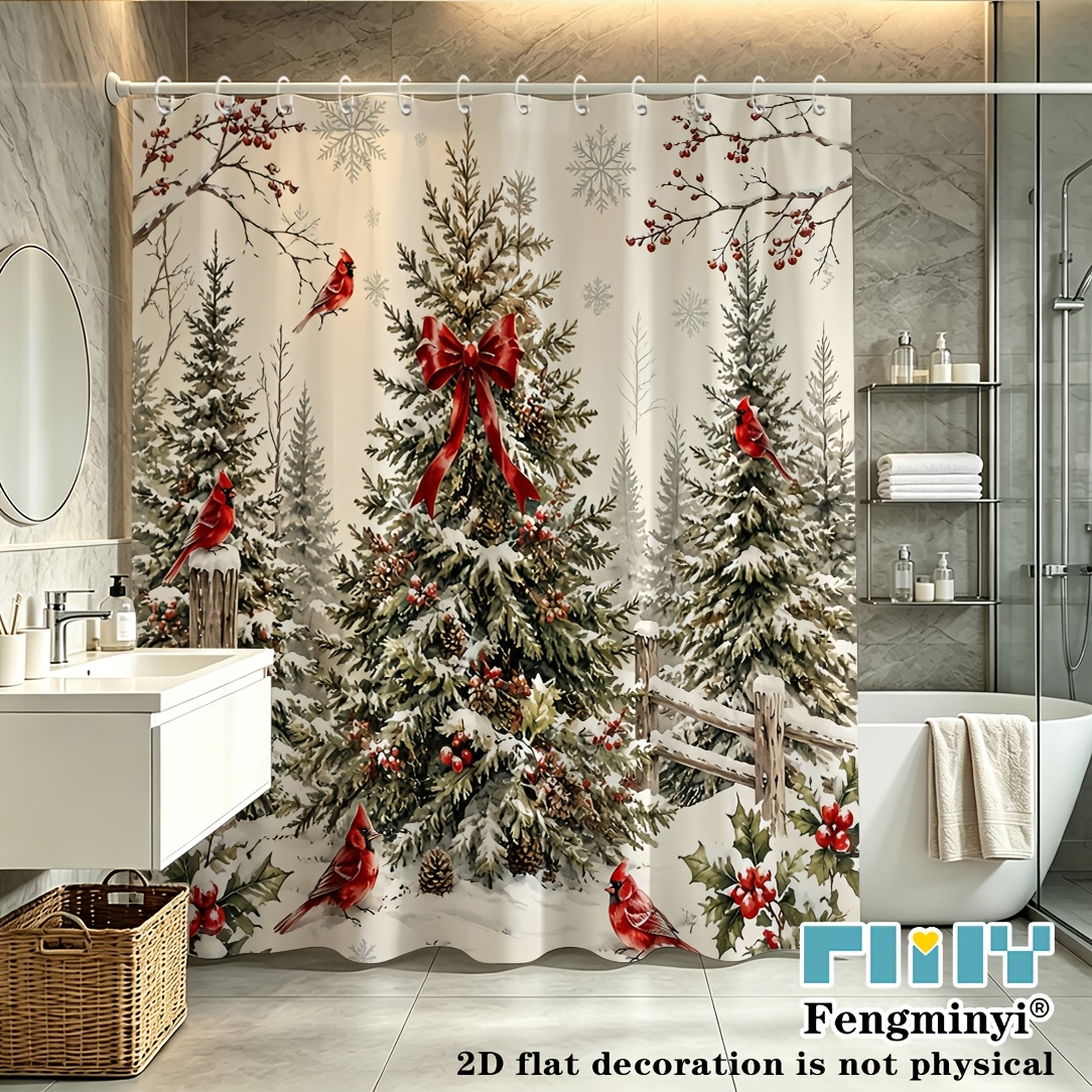 TEMU 2d Flat, 2d Curtain 1pc, Christmas Shower Curtain, Featuring A Rustic Scene With Snowy Pine Trees, Red , And Berries, A Decorative Bathroom