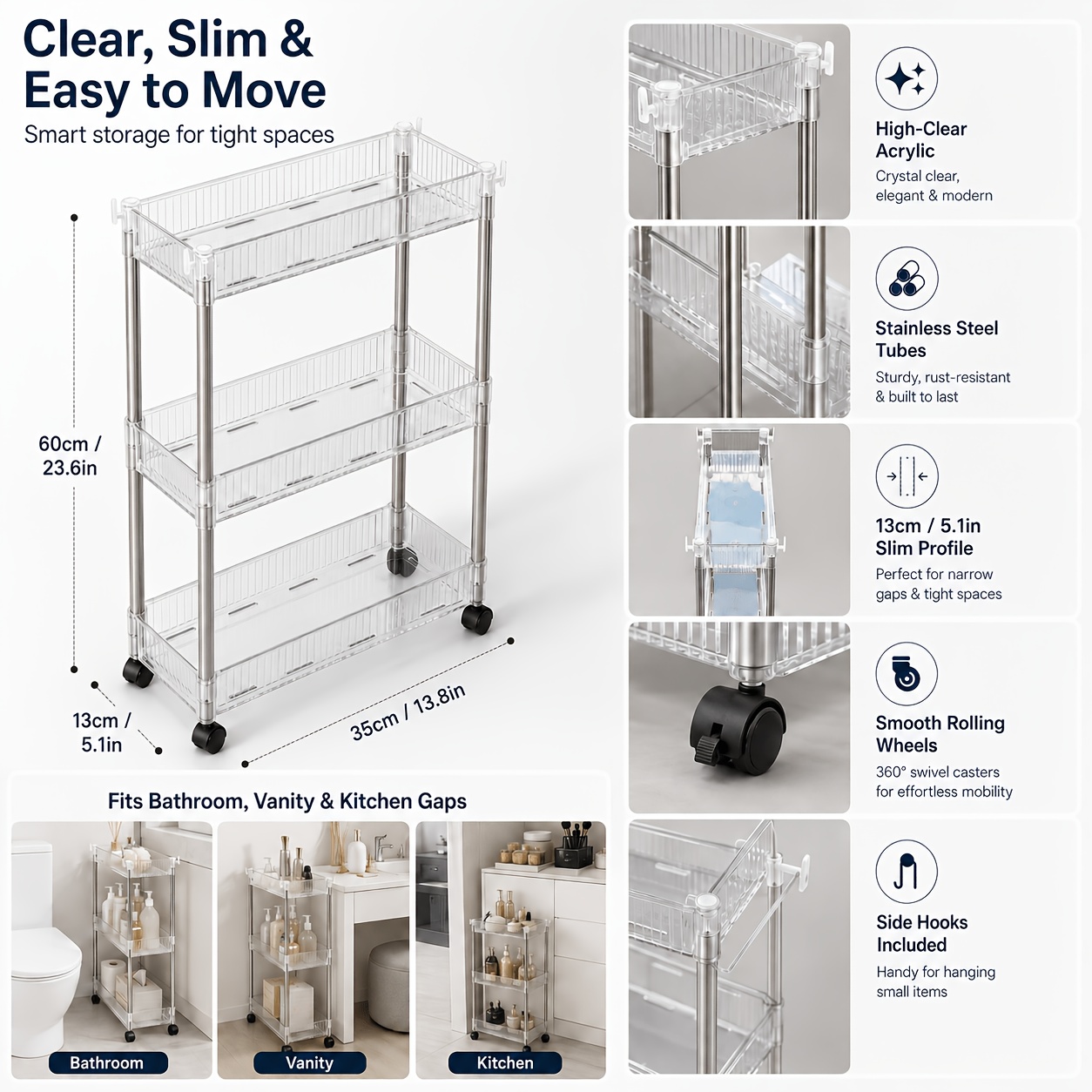 TEMU 3-tier 13cm Ultra-narrow Storage Cart, Multi-room Use High-value Vertical Shelving, Transparent Acrylic + Stainless Steel Tube Mobile Shelving