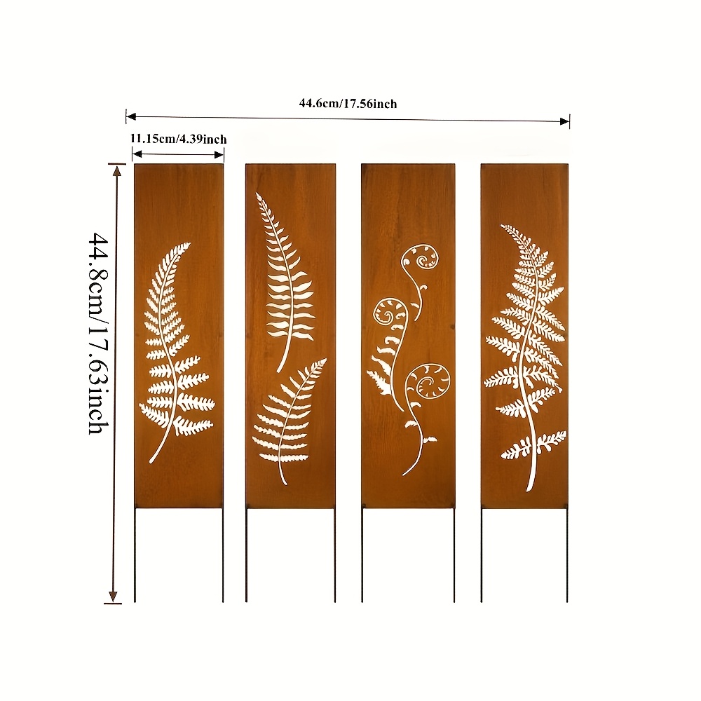 E-shop [2D Flach] 4-teiliges Vintage Schmiedeeisen Farn-Panel Kunstset mit Ständer - Langlebiger Gartensichtschutz, Handgeschweißte Eisenstruktur,