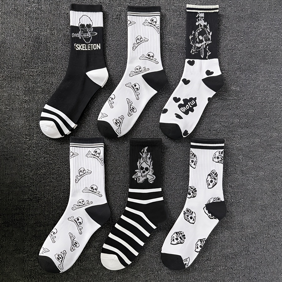 TEMU 6 Pairs Men's Mid-calf Socks, Men's Skull Print Street Style Athletic Mid-calf Socks Hip-hop Street Style Men's Casual Socks, Black And White