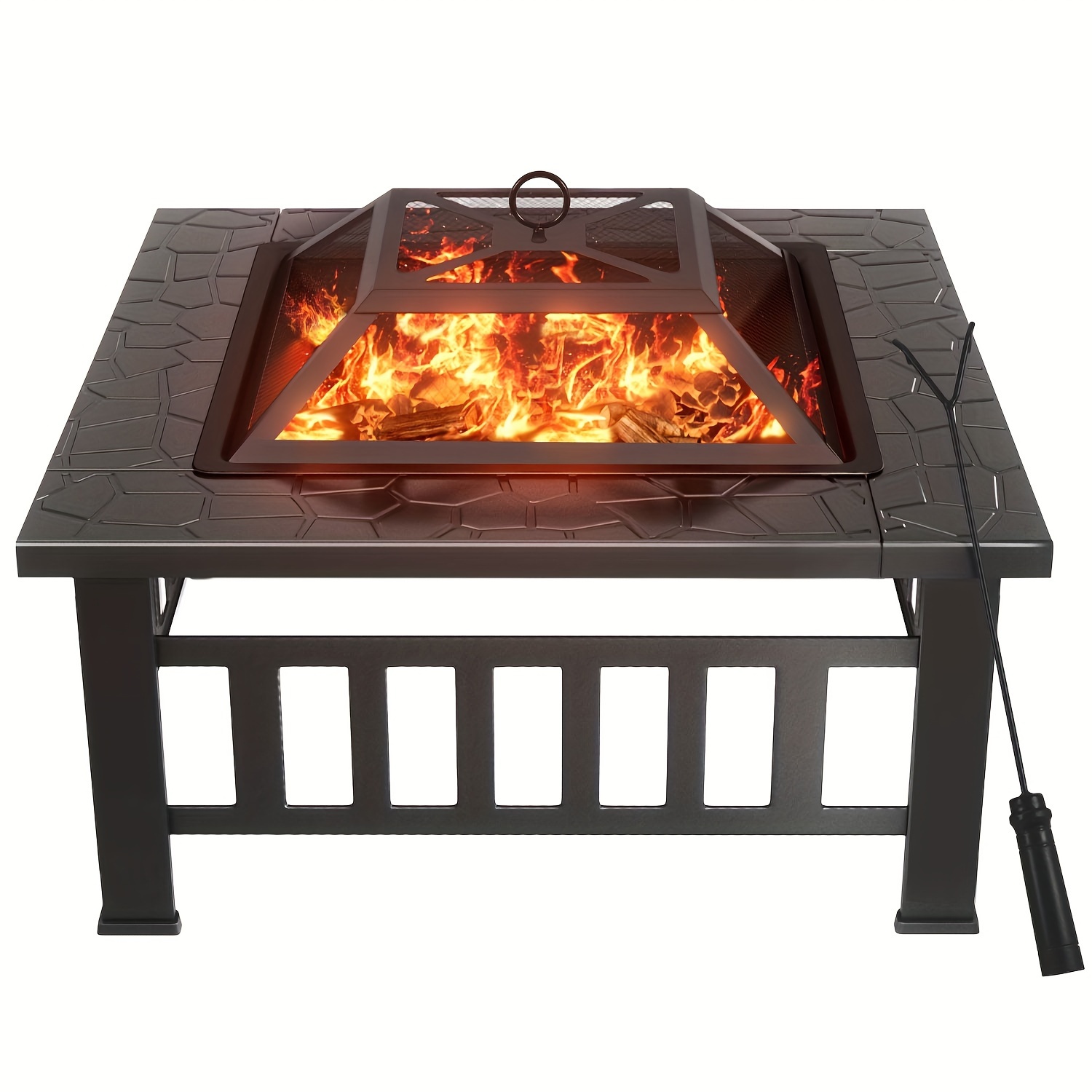 

32" Patio Square Fire Pit Table For Patio ,, Ice Storage With Mesh Lid, And Cover, Black