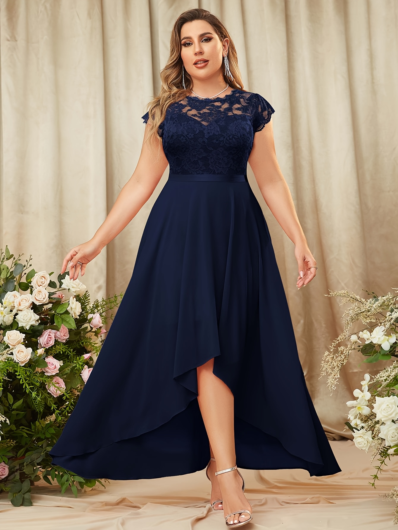 plus size - ladies' round neck lace long bridesmaid dress, elegant cap sleeve dress with a v-neck opening for plus size - women' clothing