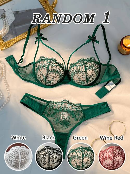 random 1 set womens elegant floral bra set european style floral embroidered mesh lingerie set sheer mesh unpadded bra low waist panties luxurious underwear for daily wear and special occasions