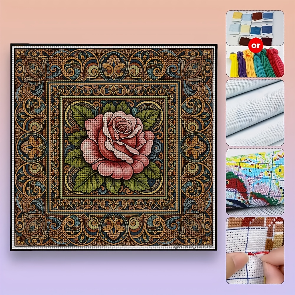 11CT Frameless Cross Stitch Kit, Rose with Patterned Border