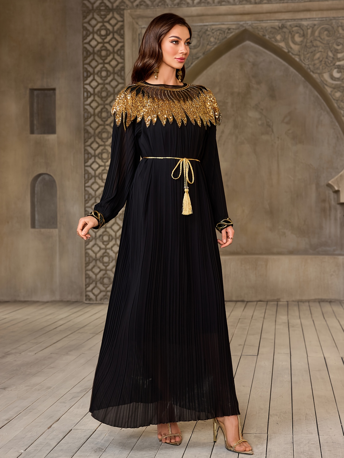 Arabic Court-Style Golden- Detachable Collar * Chiffon Dress, Luxurious  Draped Pleated Gown, Golden Tassel Waist Cord Robe for Ramadan, Eid  Al-Fitr, Eid *