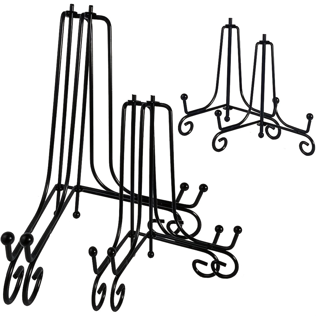 TEMU 6-pack Black Wrought Iron Display Stands In 3 Sizes - 4, 6, 8 Inch Decorative Metal Plate Stands - Mini Easels For Photo Frames, Books, Cards,