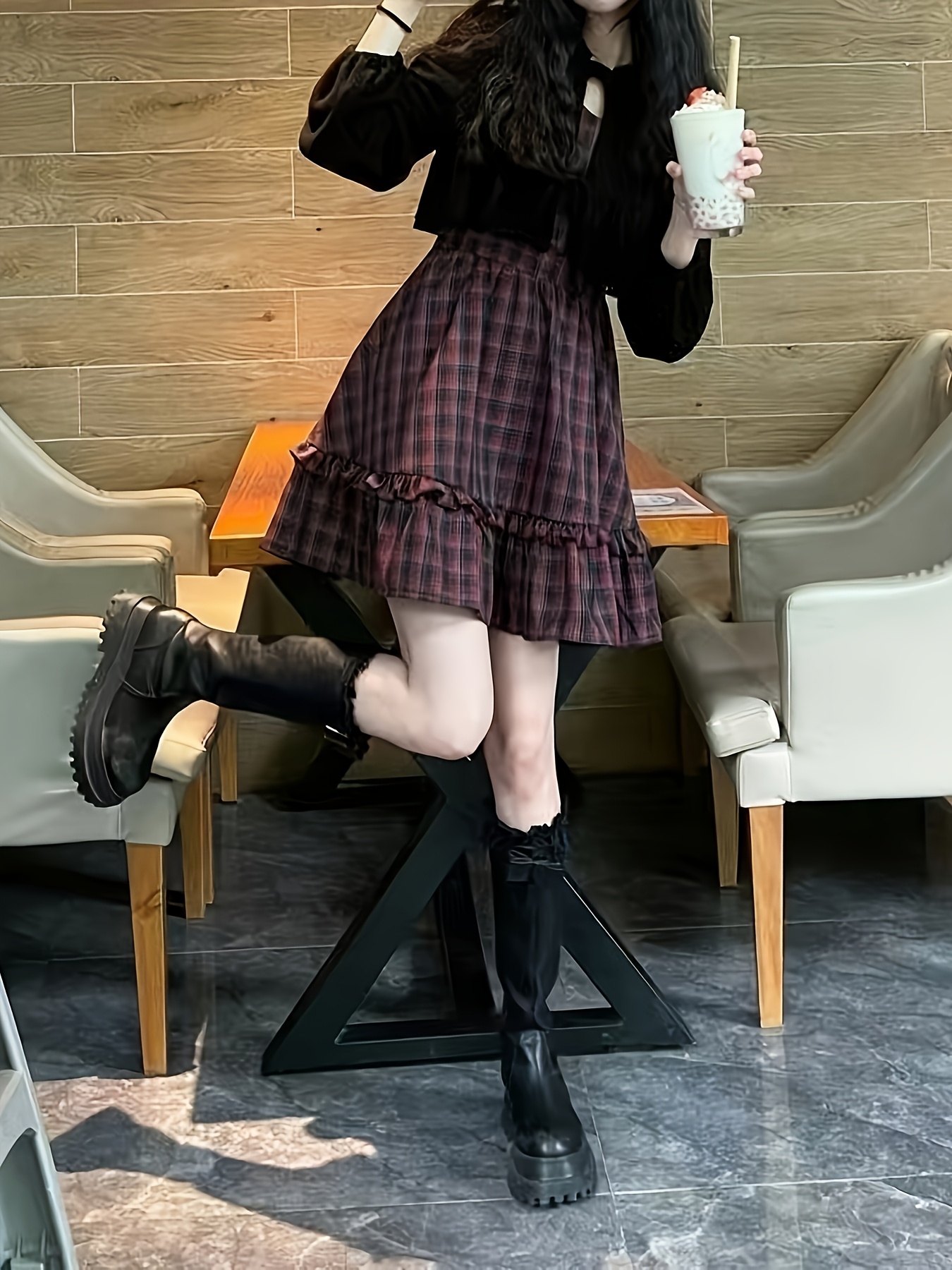 new womens black long sleeved jacket red black checkered Temu