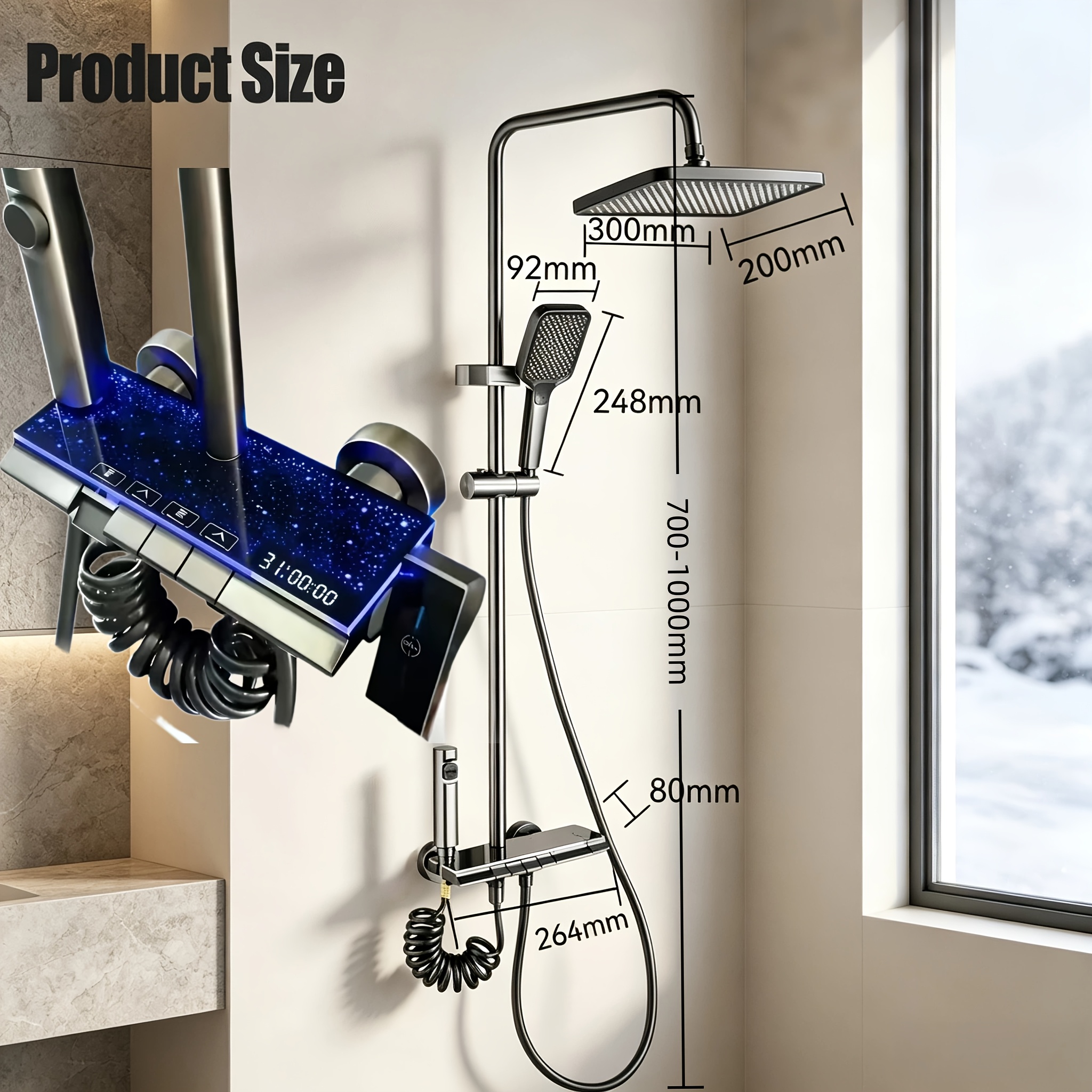 Image of Gunmetal Gray Piano Key Shower Set With Led Digital Temperature Display, Wall-mounted Shower, 12-inch Rain Shower Head + Handheld Showerhead