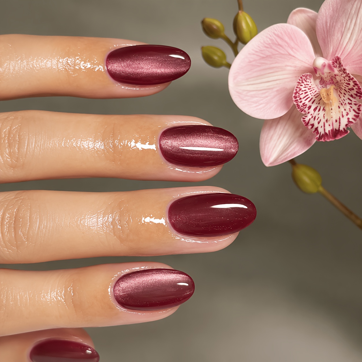 TEMU 48pcs Burgundy Red-purple Cat Eye Press-on Nails, Velvet Iridescent High-gloss Oval- Almond Nails, Autumn- Skin-brightening Reusable Full-cover